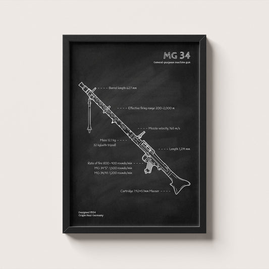 Framed MG 34 machine gun blueprint poster - minimalist firearm wall art hanging on wall
