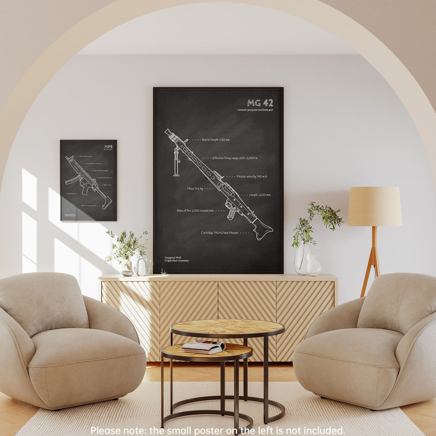 Framed MG 42 machine gun blueprint wall art - military poster decor in living room