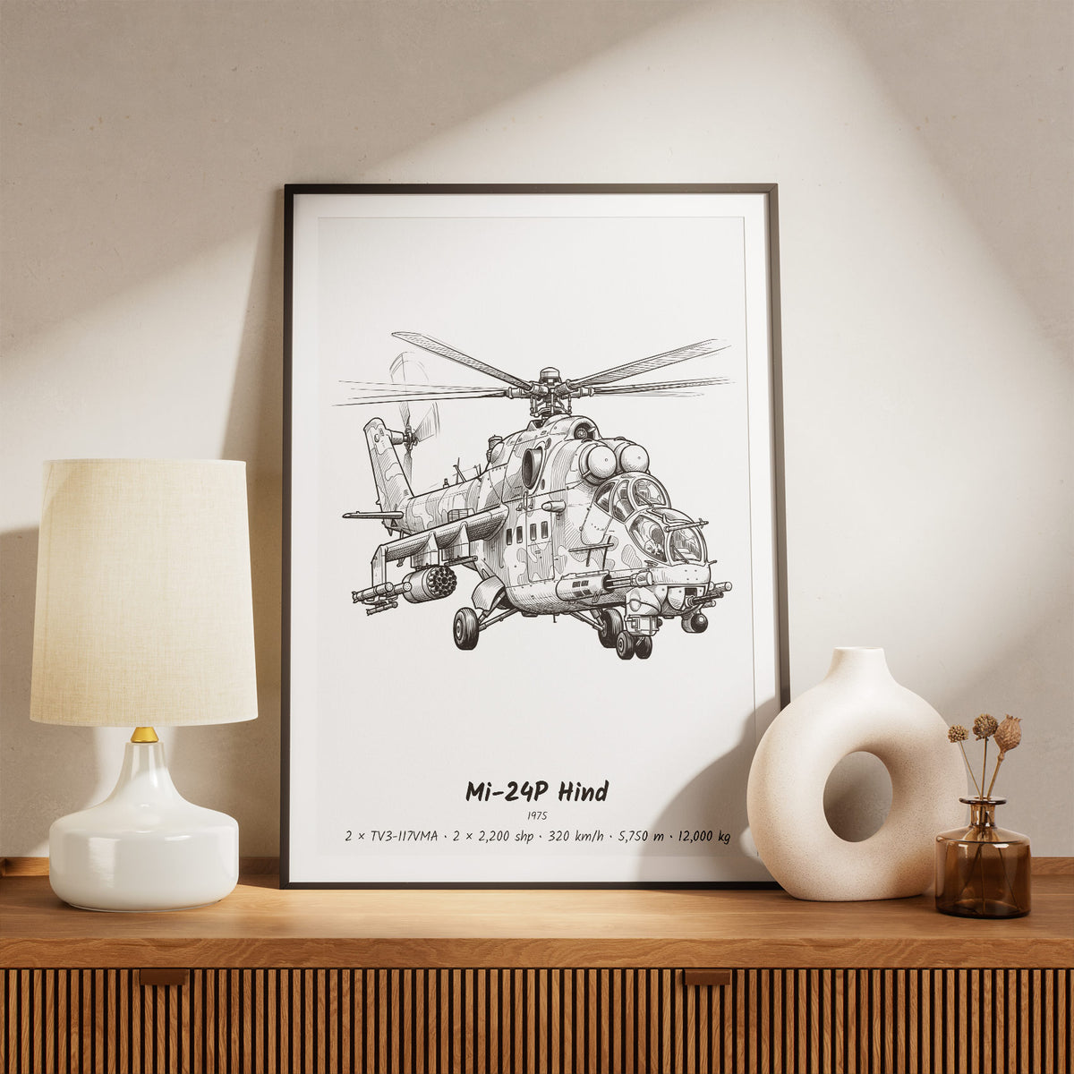 Framed Mi-24P Hind Print on a Shelf