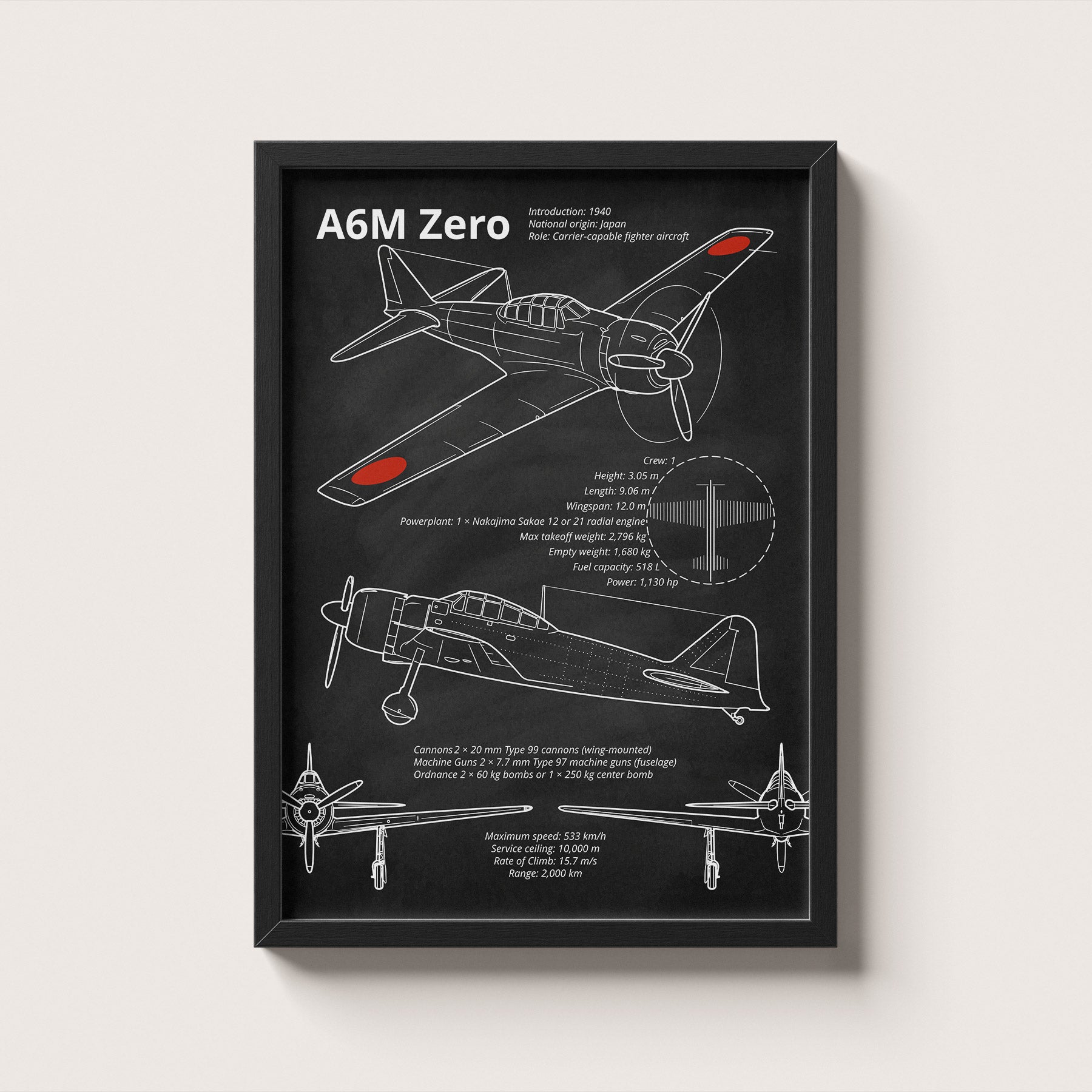 Framed poster of A6M Zero aircraft design on a white background