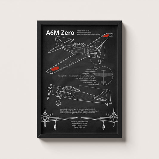Framed poster of A6M Zero aircraft design on a white background
