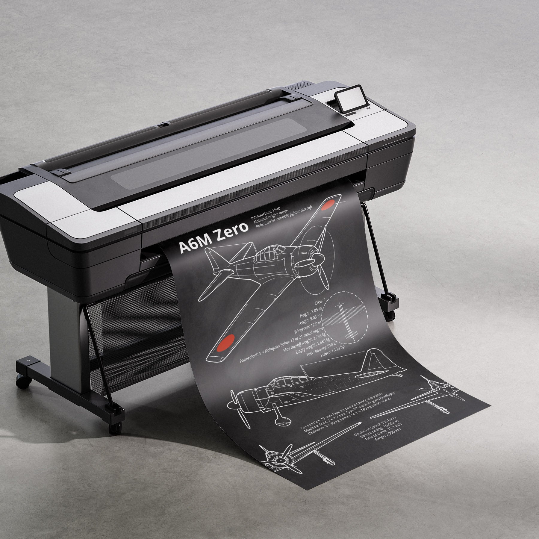 Mitsubishi A6M Zero blueprint being printed – technical aviation art