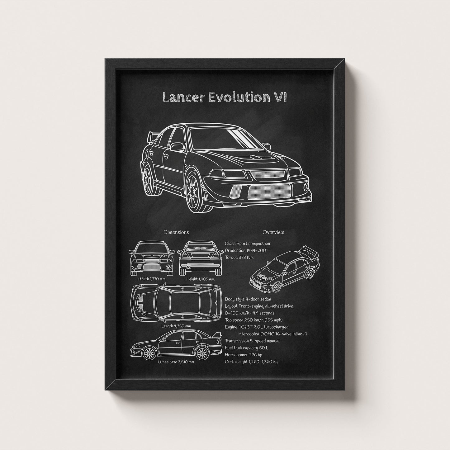 Framed poster of a car design with 'Mitsubishi Lancer Evo VI' on a black background