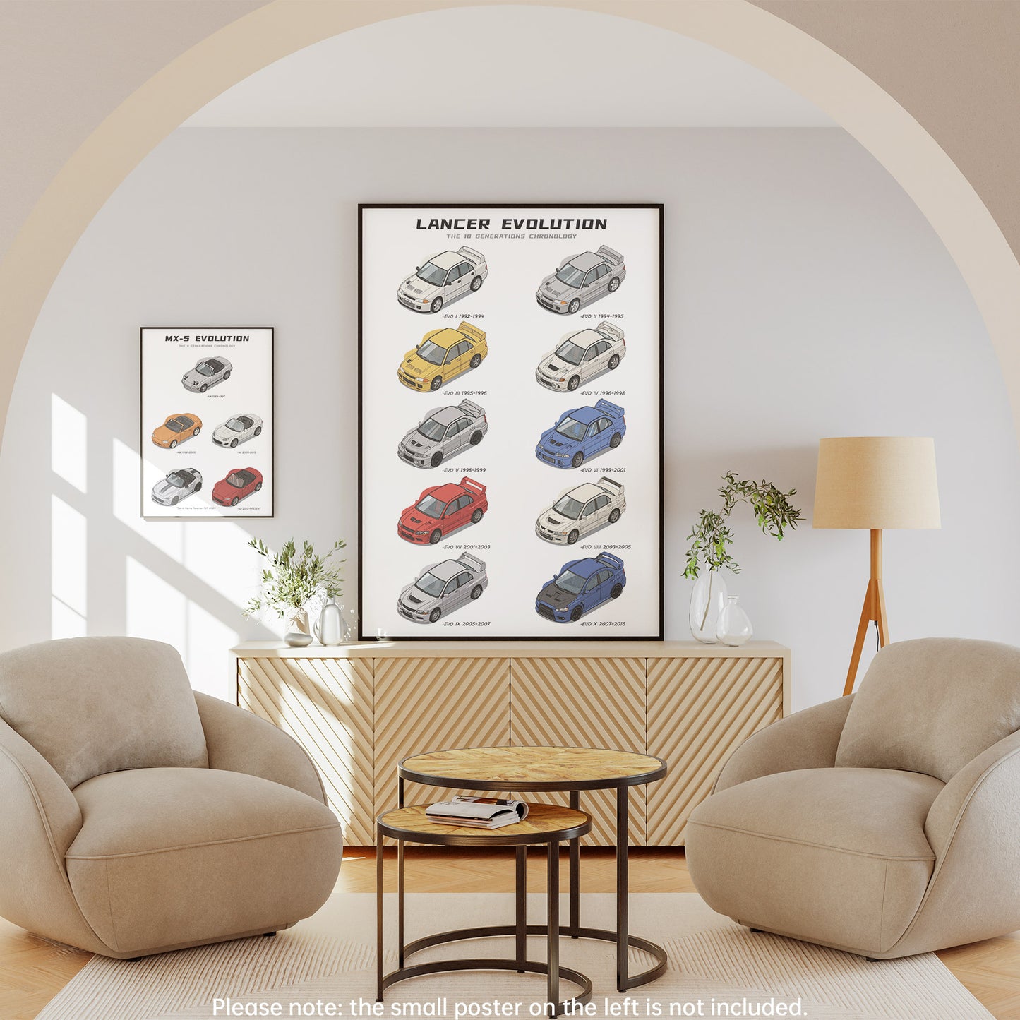 Living room with a 'Lancer Evo Evolution' poster on the wall, beige armchairs, and a coffee table.