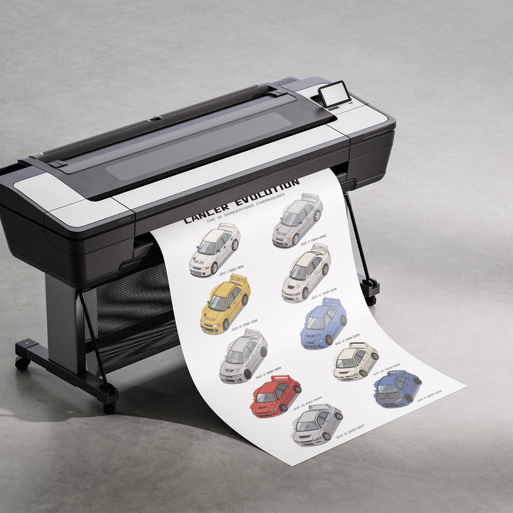 Large format printer with a sheet of printed car illustrations on a gray background