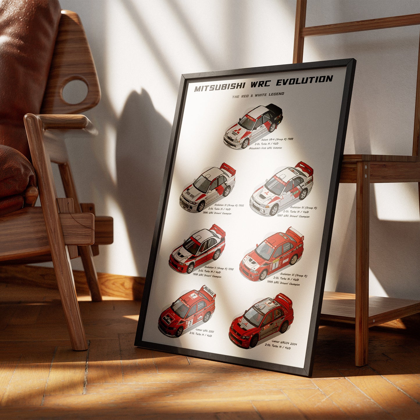 A framed vertical poster titled 'MITSUBISHI WRC EVOLUTION' leaning against a wall on a wooden floor in a styled interior with chairs and sunlight shadows.