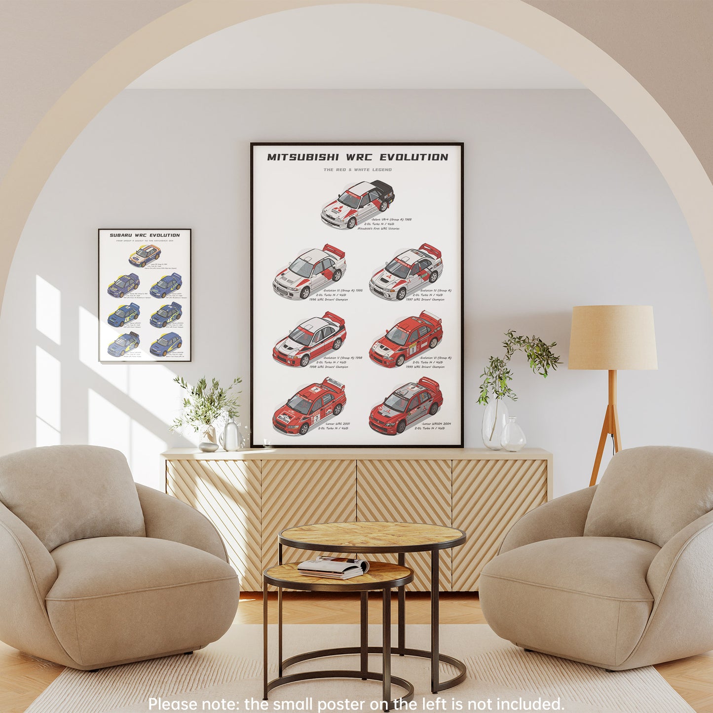 A framed wall poster showing the evolution of Mitsubishi WRC race cars hangs in a modern living room setting with two beige armchairs, a small round table, and a floor lamp. The room is brightly lit with natural light coming from the left.