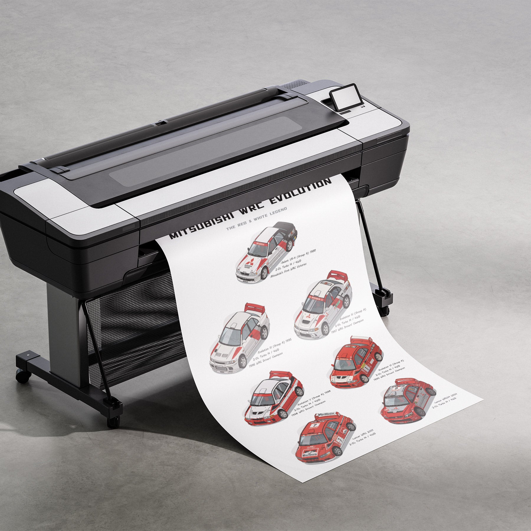 A large black and white industrial printer on a stand, printing and releasing a long white sheet featuring illustrated red and gray sports cars with the headline 'MYBUSHGIRL WBC EVOLUTION'.