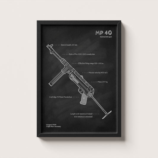 Framed MP 40 Submachine gun blueprint poster - minimalist firearm wall art hanging on wall