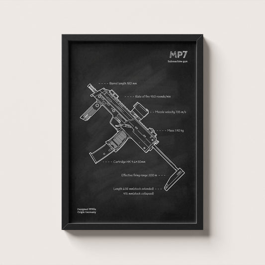 Framed MP7 Submachine gun blueprint poster - minimalist firearm wall art hanging on wall
