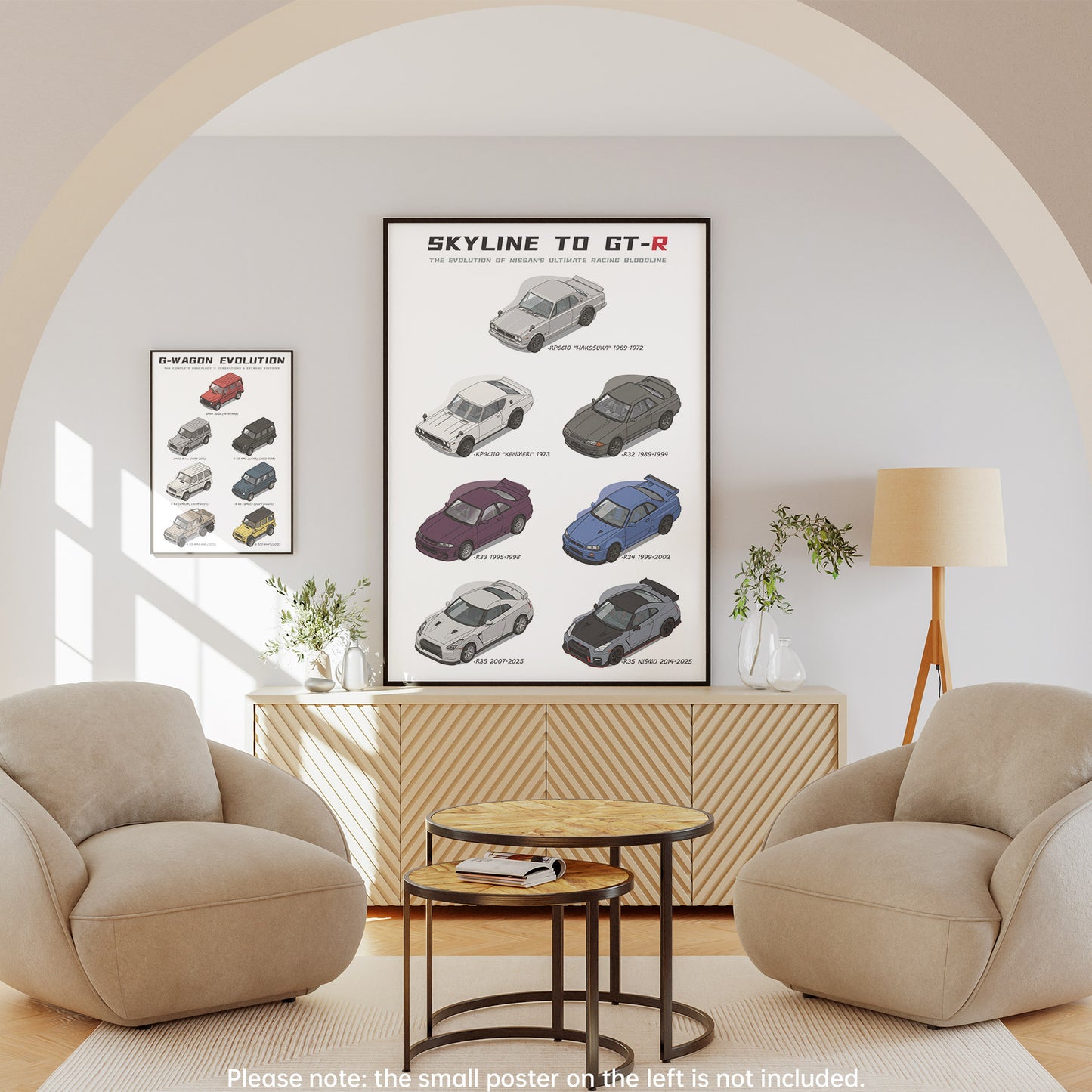 Skyline to GT-R history evolution poster displayed above an entryway console table.