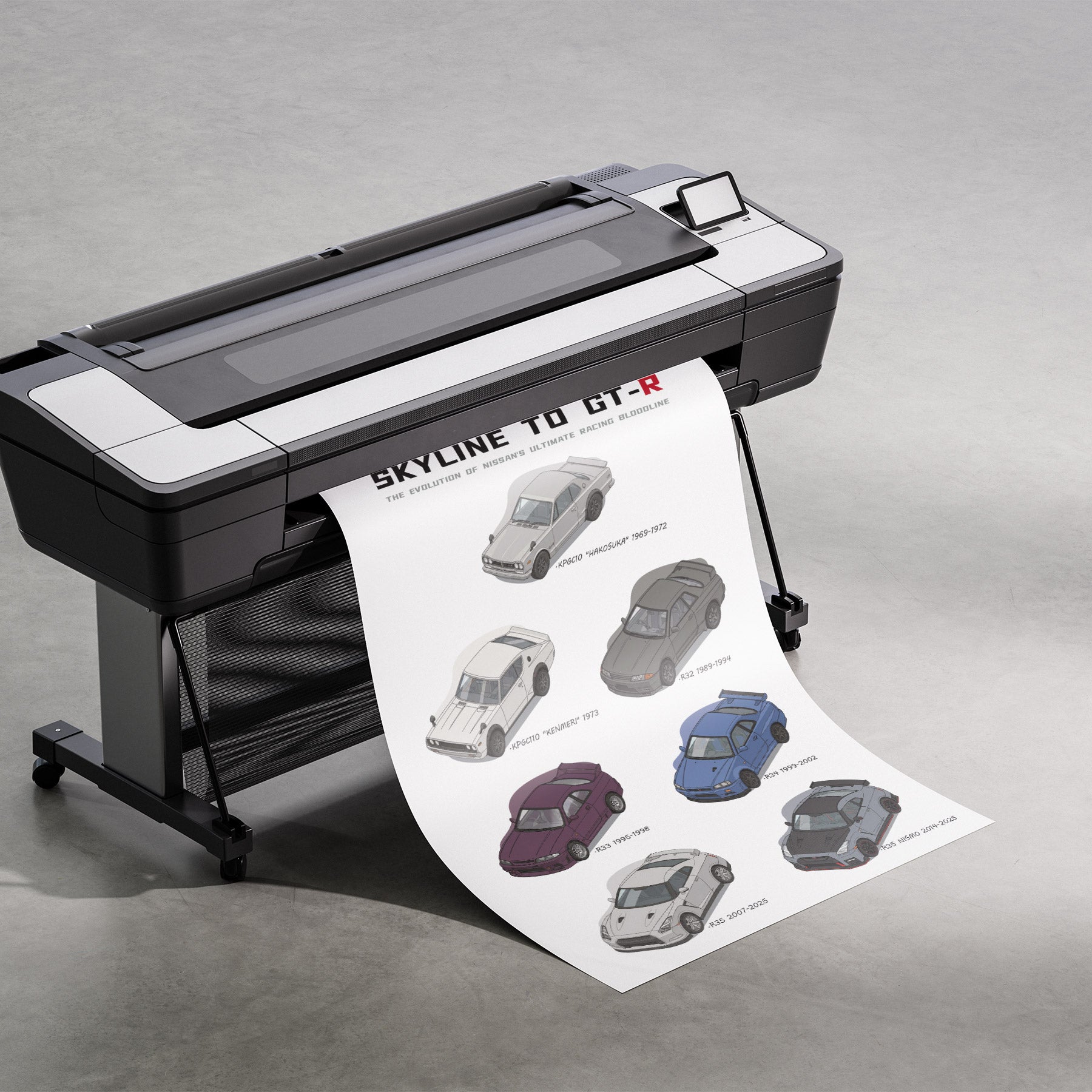 HP DesignJet plotter printing a Skyline to GT-R car evolution poster.