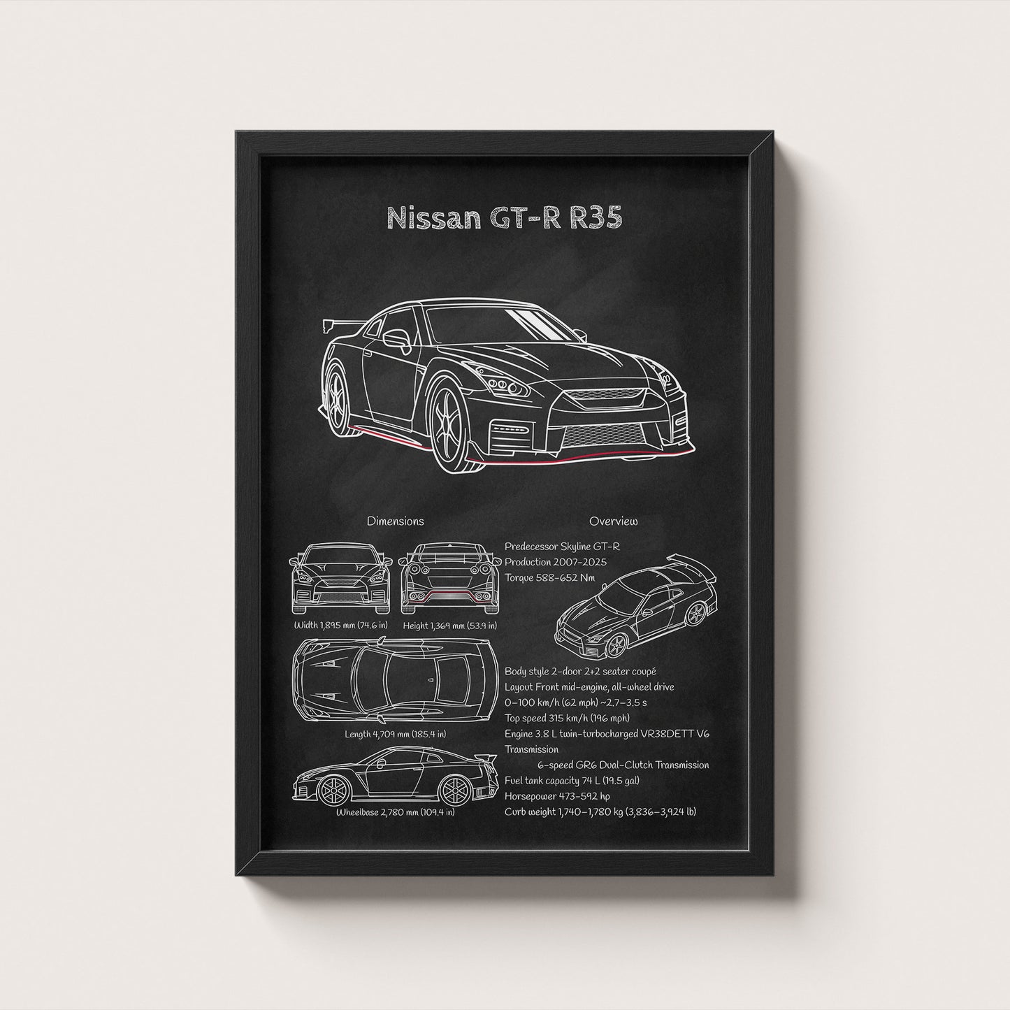 Framed poster of a Nissan GT-R R35 with technical drawings and specifications on a black background.