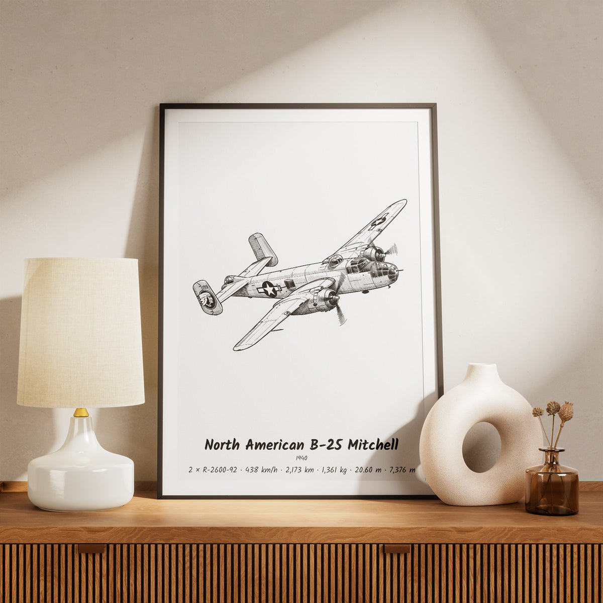 Framed North American B-25 Mitchell Print on a Shelf