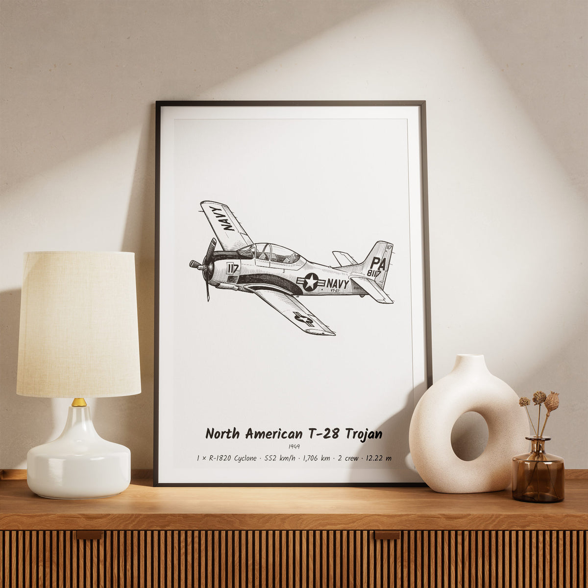 Framed North American T-28 Trojan Print on a Shelf