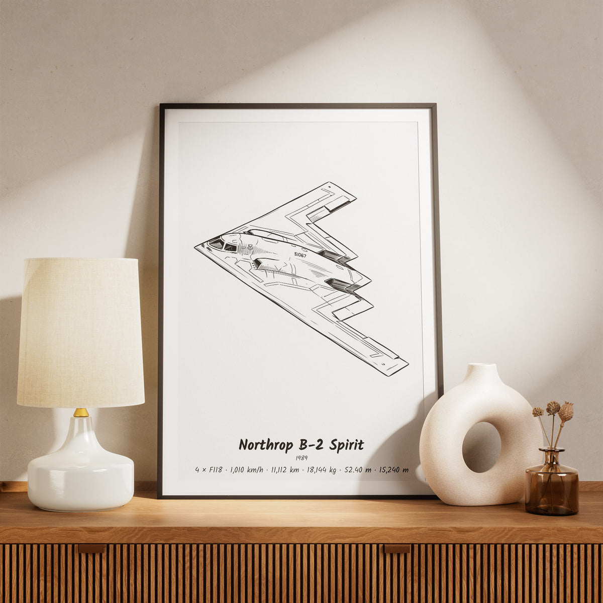 Framed Northrop B-2 Spirit Print on a Shelf