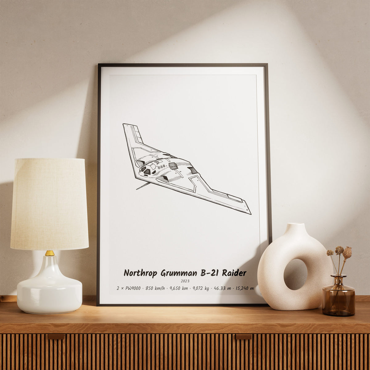 Framed Northrop Grumman B-21 Raider Print on a Shelf