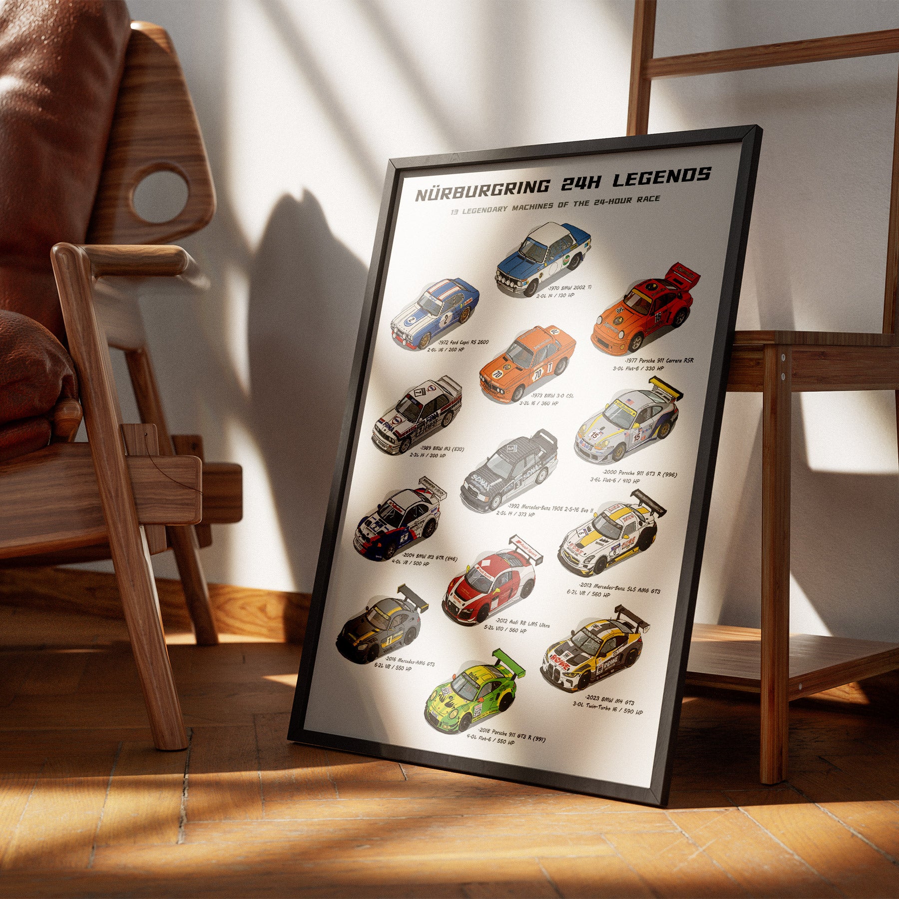 A framed poster titled 'Nürburgring 24H Legends' leaning against a wooden chair in a sunlit room. The poster features illustrated vintage race cars with names and years beneath each one.