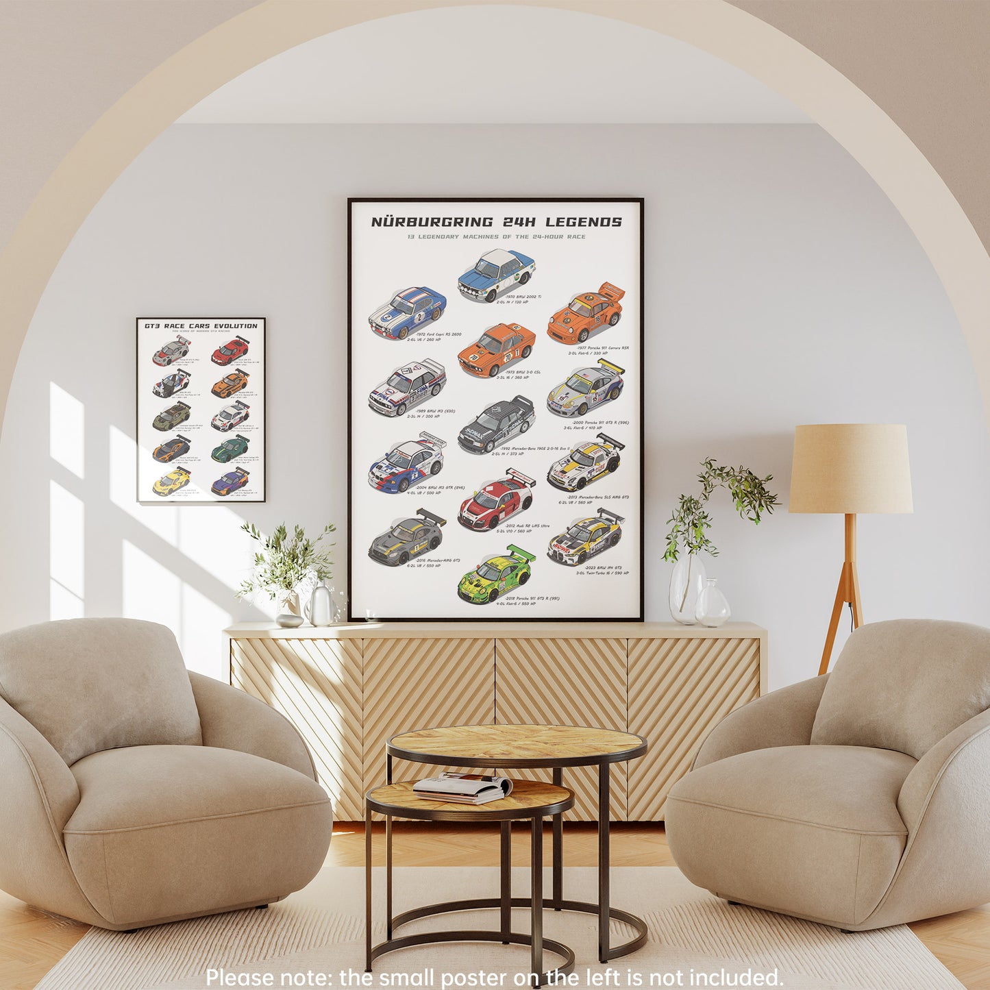 A framed vertical poster titled 'Nurburging 24H Legends' featuring illustrated vintage race cars, displayed in a modern living room setting above a wooden cabinet between two beige armchairs.