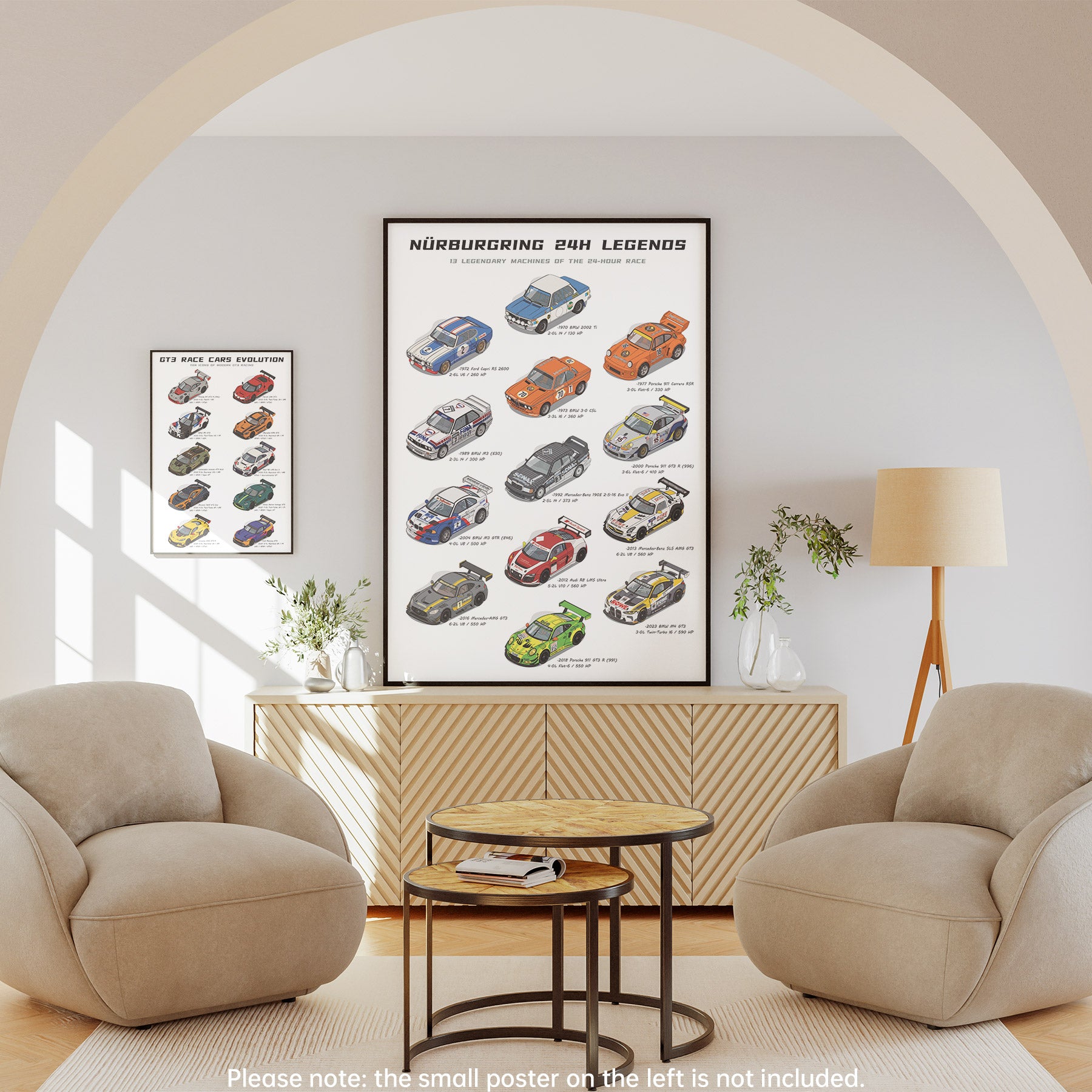 A framed vertical poster titled 'Nurburging 24H Legends' featuring illustrated vintage race cars, displayed in a modern living room setting above a wooden cabinet between two beige armchairs.