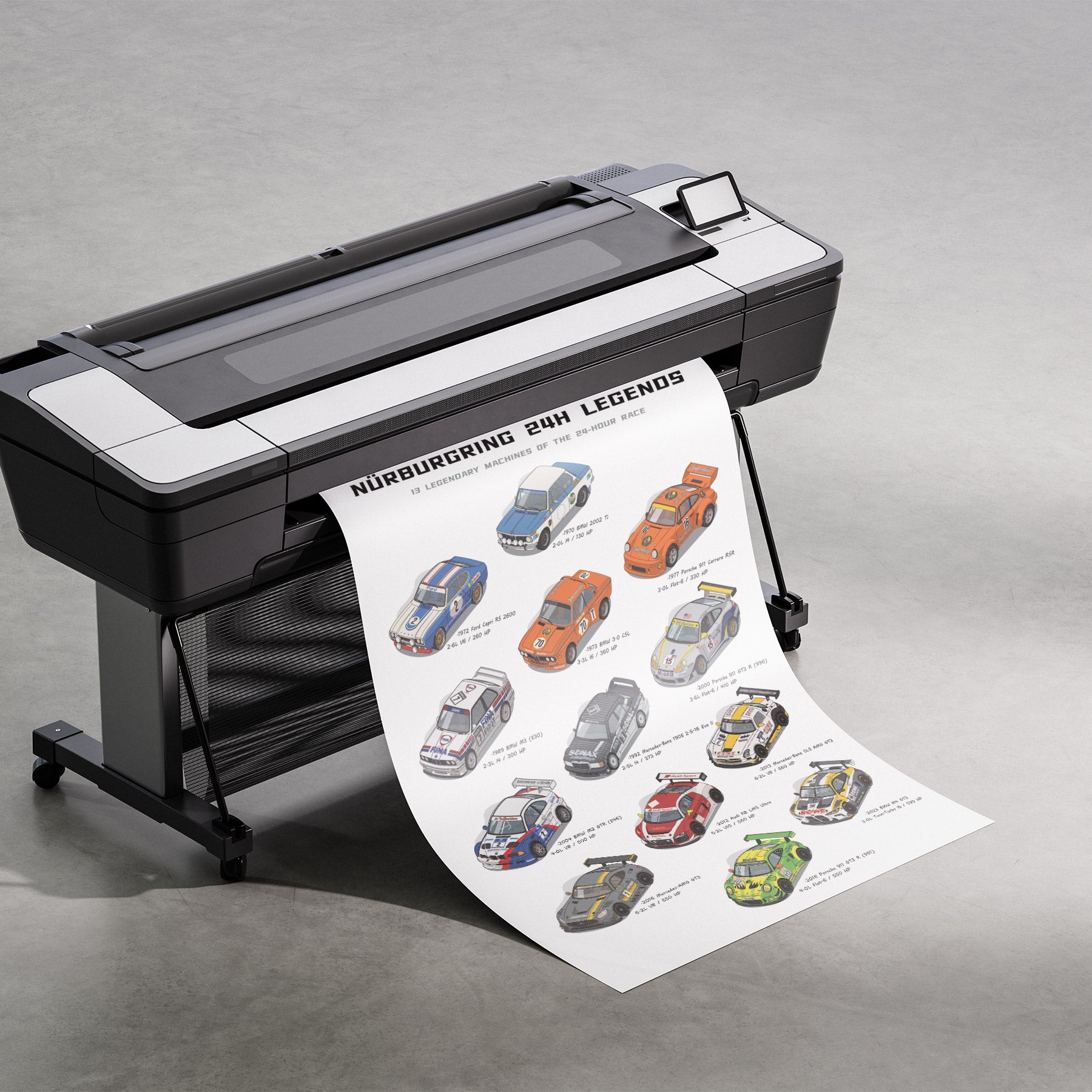 A large black and white industrial flatbed printer on a stand, printing and displaying a long sheet of poster art titled 'Nurburgring 24H Legends' with illustrated race cars, set against a gray concrete floor.