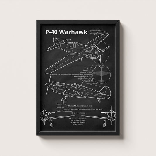 Framed blueprint of a P-40 Warhawk airplane on a white background