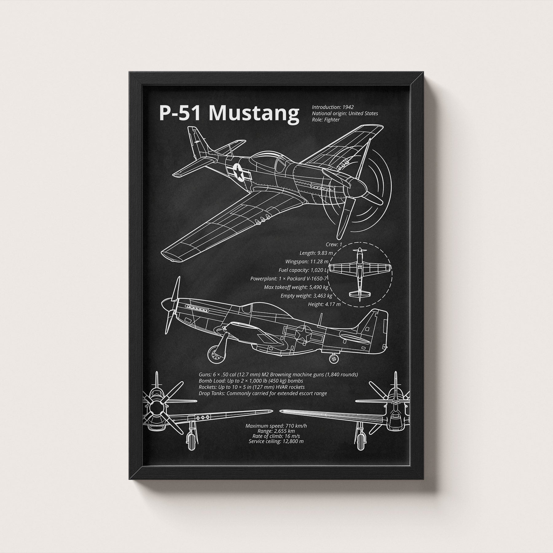 Framed P-51 Mustang blueprint poster hanging on wall – aviation wall art