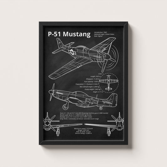 Framed P-51 Mustang blueprint poster hanging on wall – aviation wall art