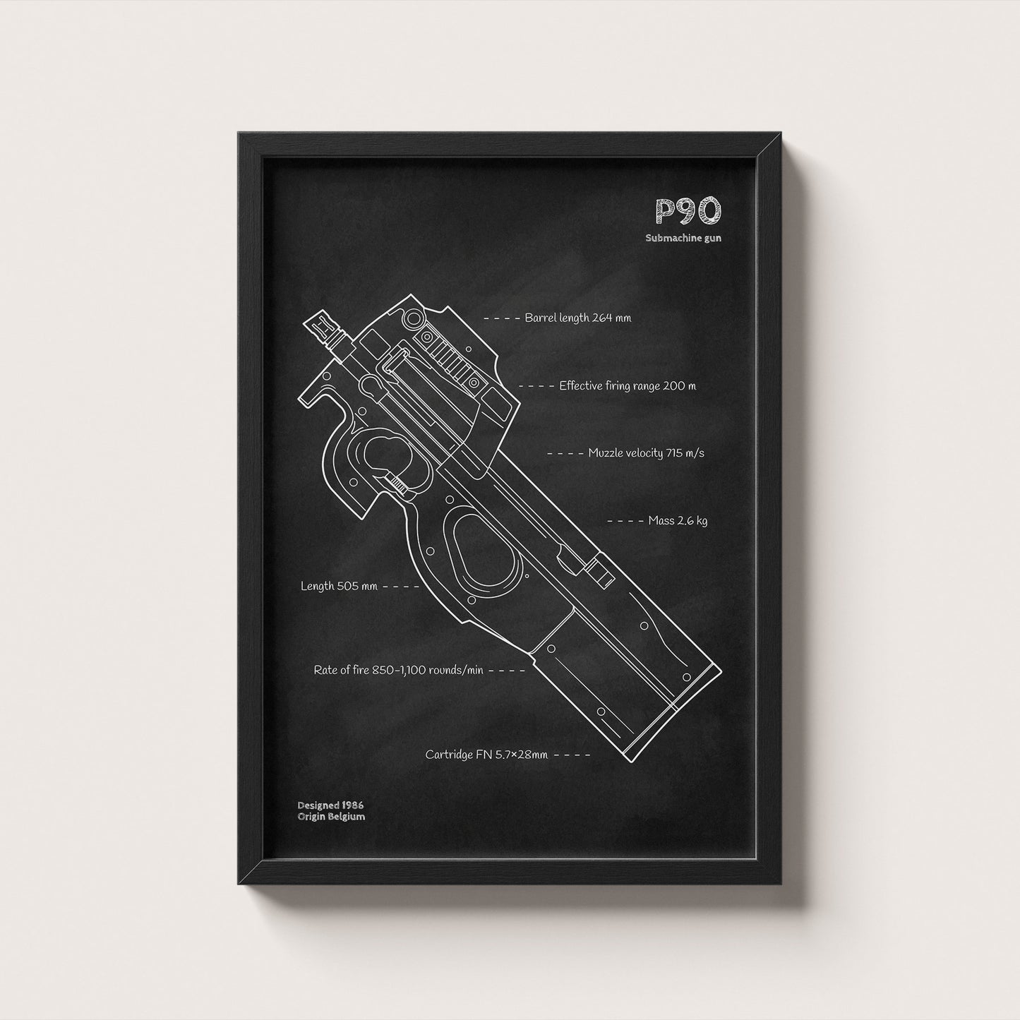 Framed P90 Submachine gun blueprint poster - minimalist firearm wall art hanging on wall
