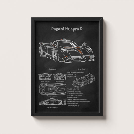 Framed artwork of a Pagani Huayra R car design on a black background