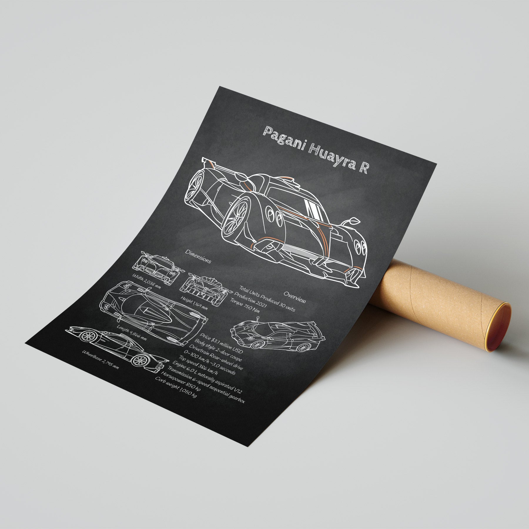 Sheet of paper with a technical drawing of a Pagani Huayra R car on a gray background