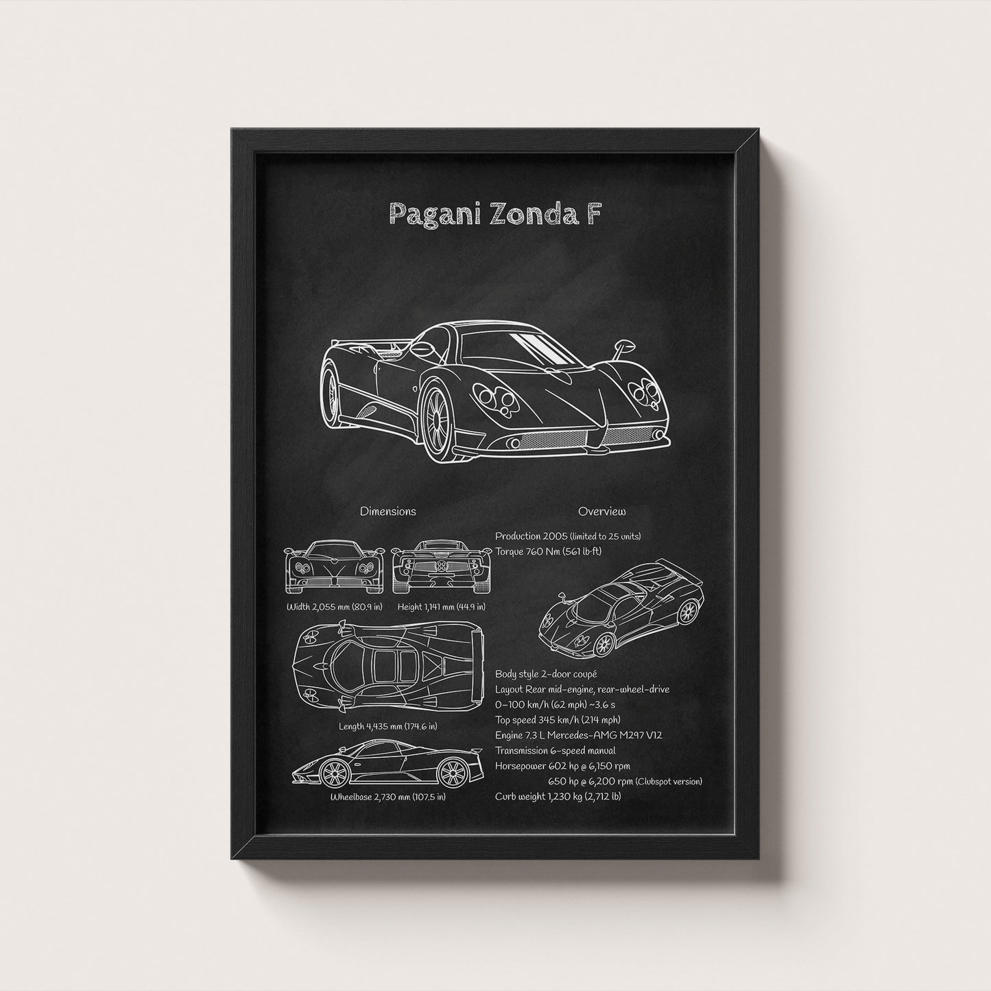 Framed Pagani Zonda F blueprint poster hanging on wall – classic car engineering wall art