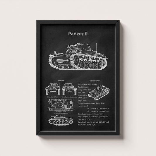 Framed Panzer II tank blueprint poster hanging on wall – military wall art for home or office