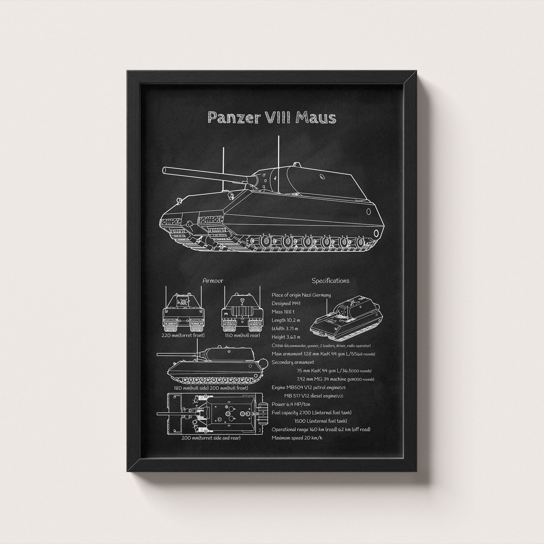 Framed Panzer VIII Maus tank blueprint poster hanging on wall – military wall art for home or office
