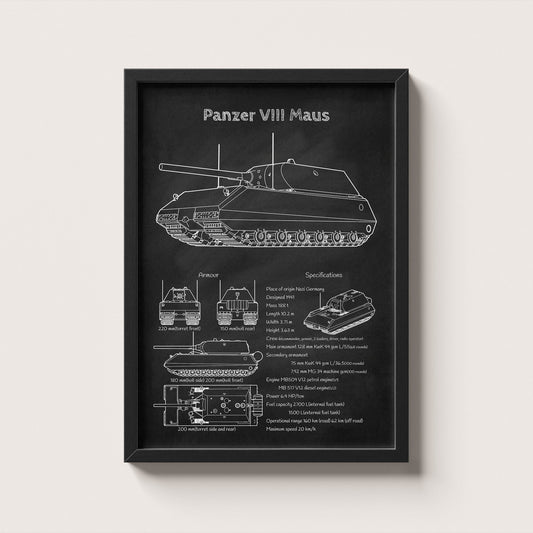 Framed Panzer VIII Maus tank blueprint poster hanging on wall – military wall art for home or office
