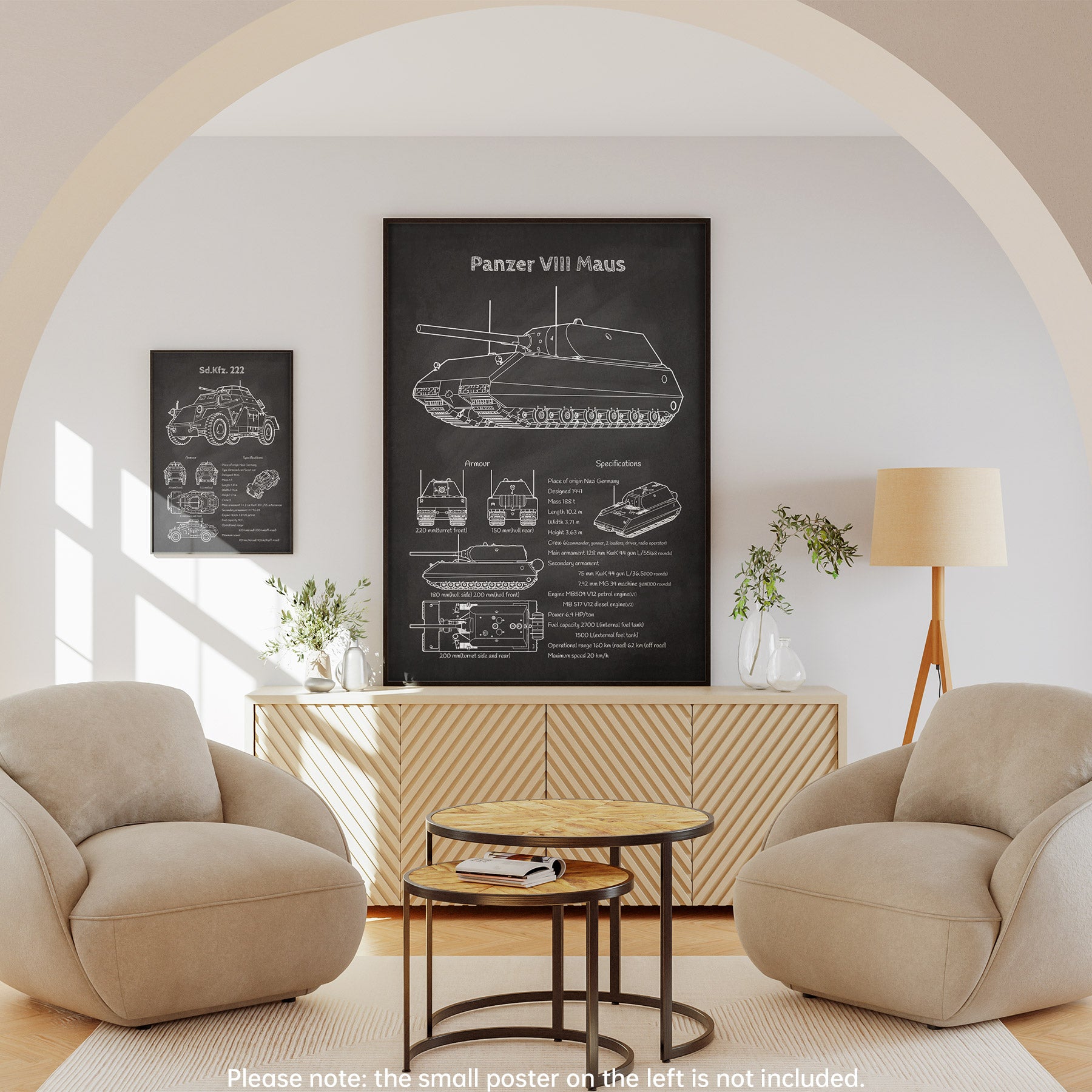 Framed Panzer VIII Maus tank blueprint displayed in living room – military decor