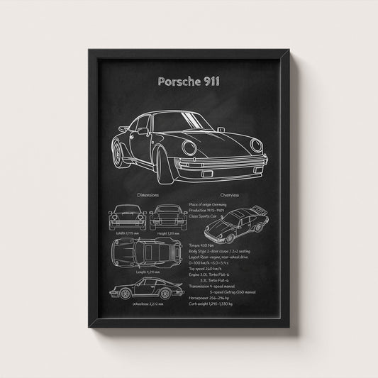 Framed Porsche 911 (930) blueprint poster hanging on wall – classic car engineering wall art