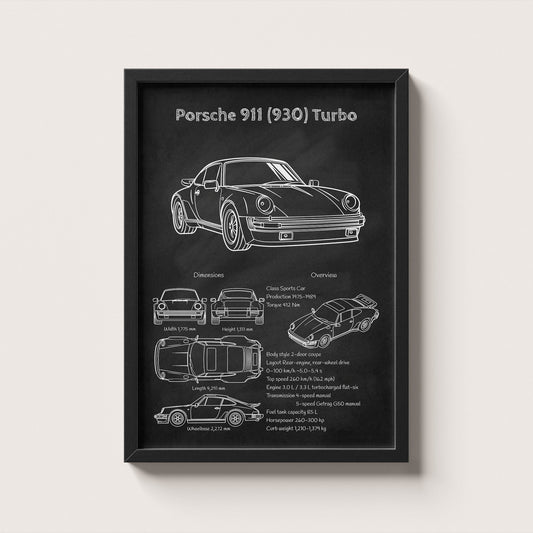 Framed poster of a Porsche 911 (930) Turbo on a white background
