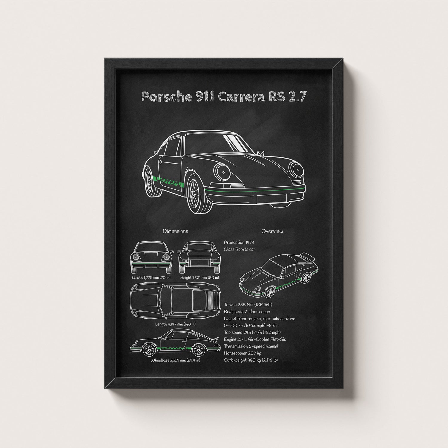 Framed poster of Porsche 911 Carrera RS 2.7 on a white background