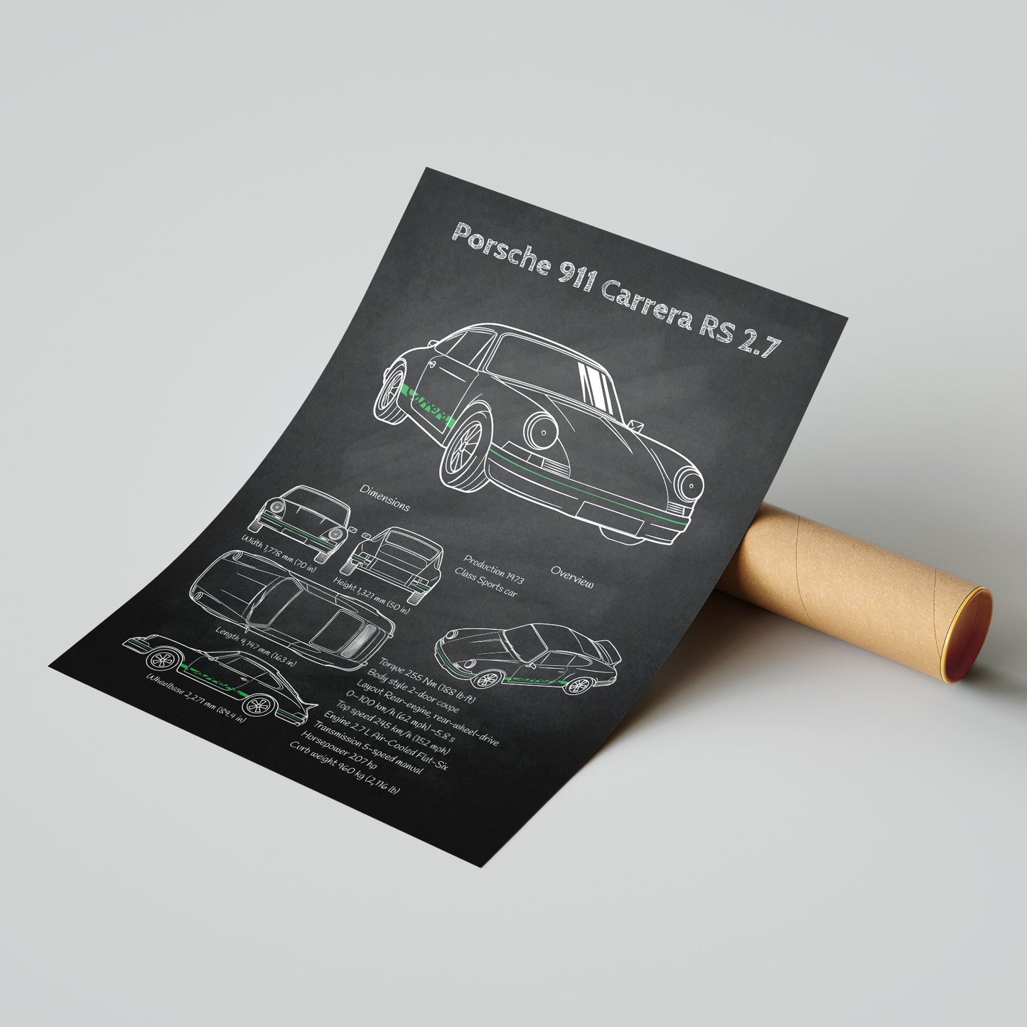 Roll of paper with Porsche 911 Carrera RS 2.7 car blueprint on a gray background