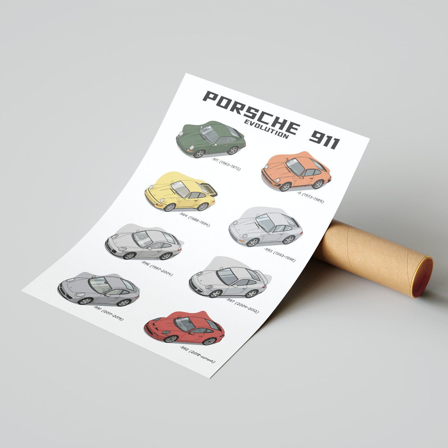 Sheet of Porsche 911 evolution stickers on a gray background