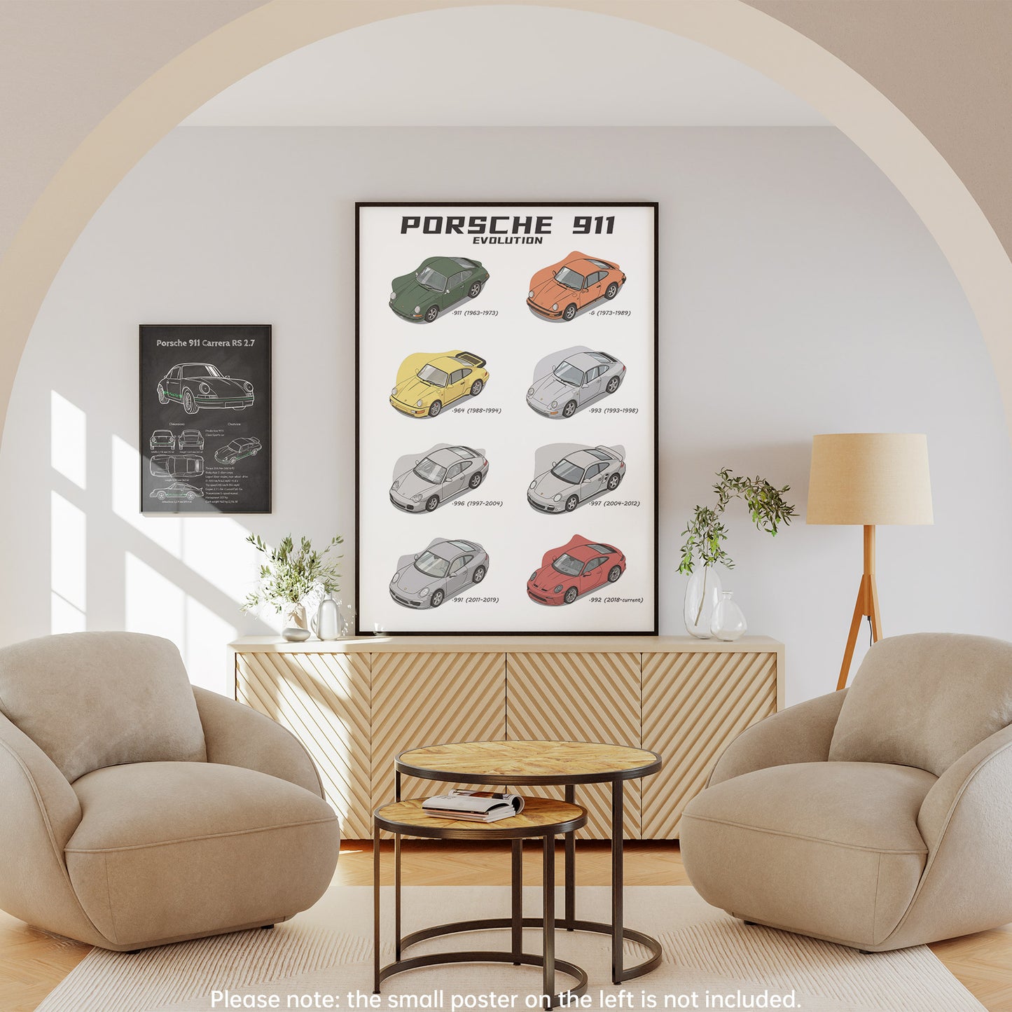 Living room with a Porsche 911 Evolution poster on the wall, beige armchairs, and a coffee table.