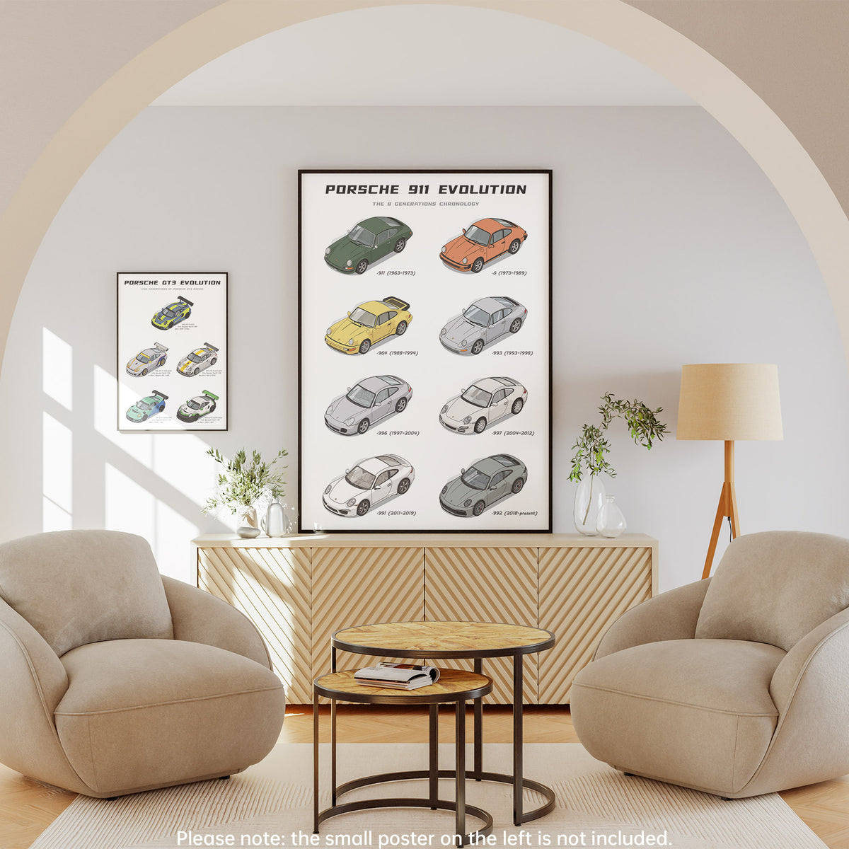 A framed Porsche 911 Evolution poster hangs on a light gray wall in a modern living room setting with two beige armchairs, a wooden sideboard, and a floor lamp. The poster shows multiple illustrated versions of the Porsche 911 car in different colors.