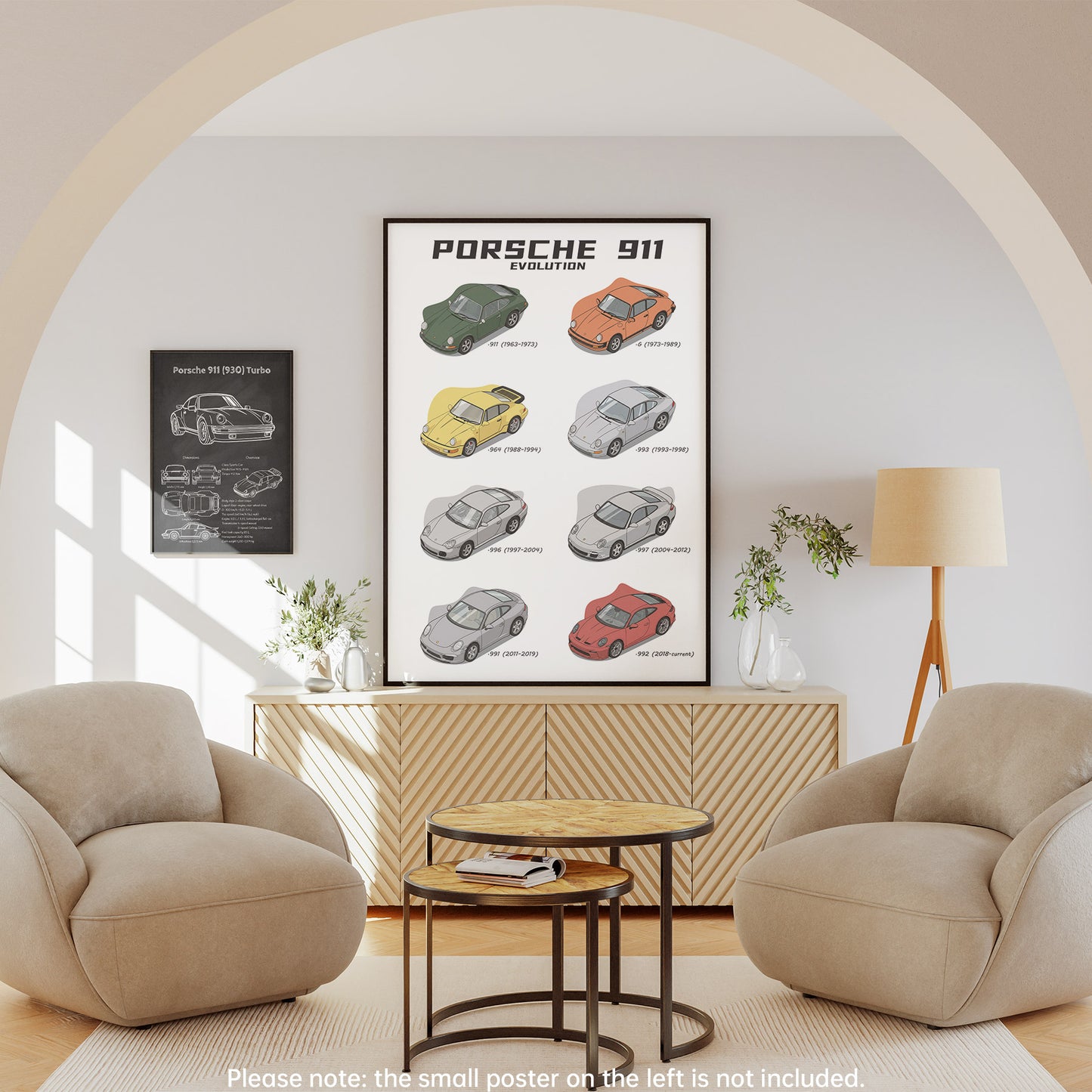 Living room with Porsche 911 Evolution poster on a wall, beige armchairs, and a lamp.