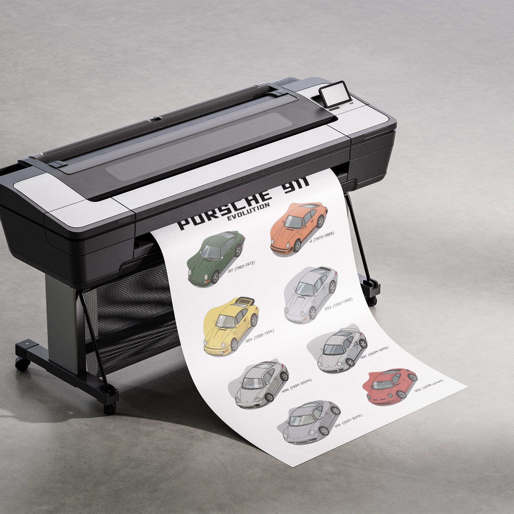 Printer with a sheet of paper displaying images of Porsche cars on a gray background