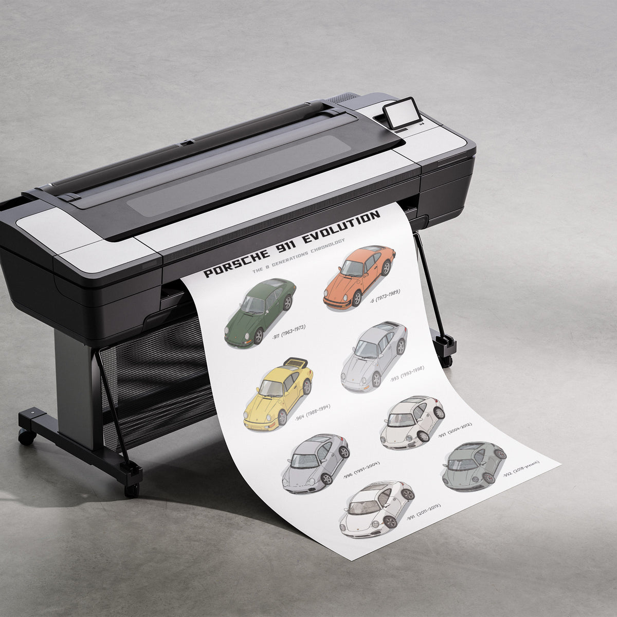 A large black and white desktop printer on a gray stand, printing a long white sheet that displays illustrated Porsche 911 cars with the text 'PORSCHE 911 EVOLUTION'.