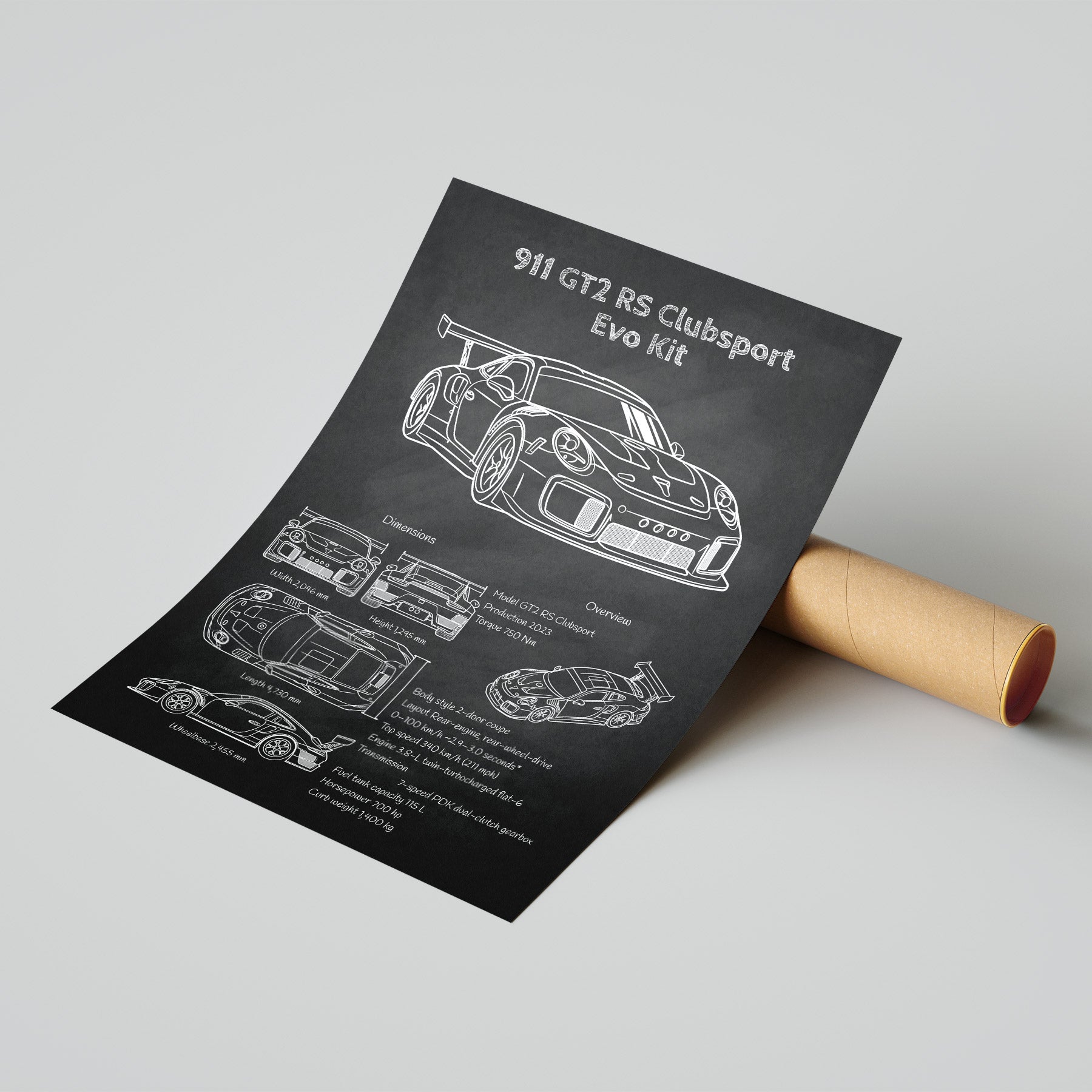 Porsche 911 GT2 RS Clubsport Evo Kit blueprint poster with mailing tube – ready-to-ship automotive wall decor