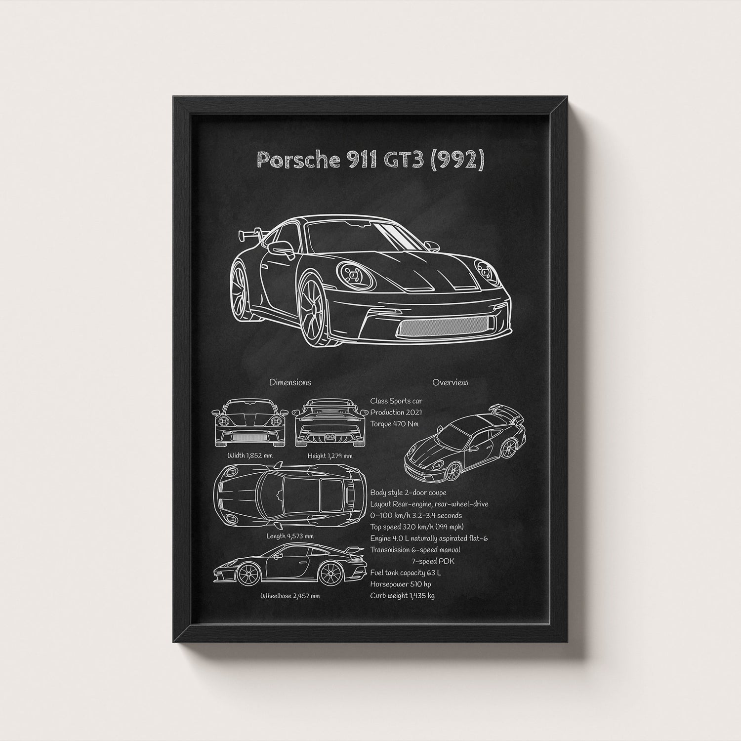 Framed poster of Porsche 911 GT3 (992) on a white wall