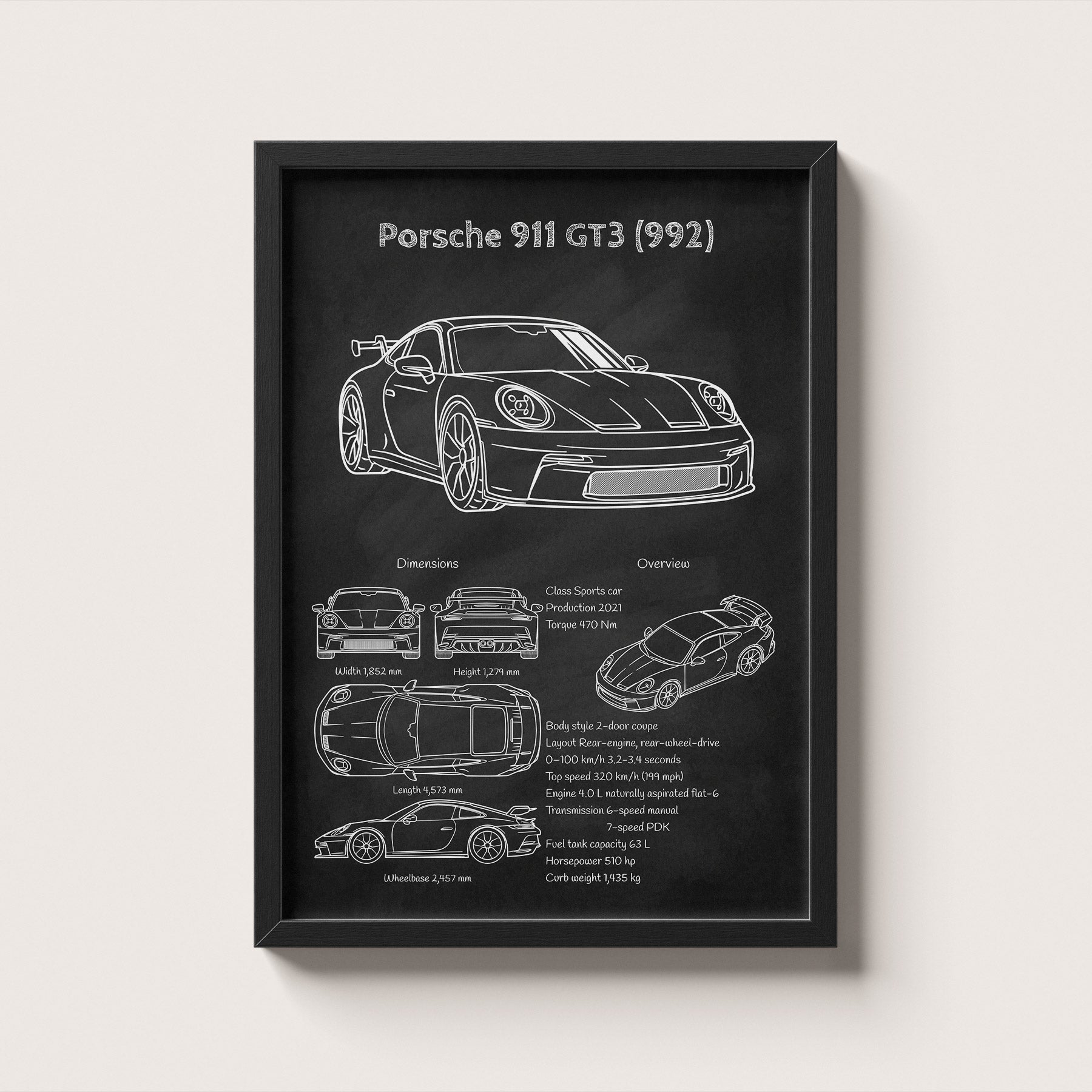 Framed poster of Porsche 911 GT3 (992) on a white wall