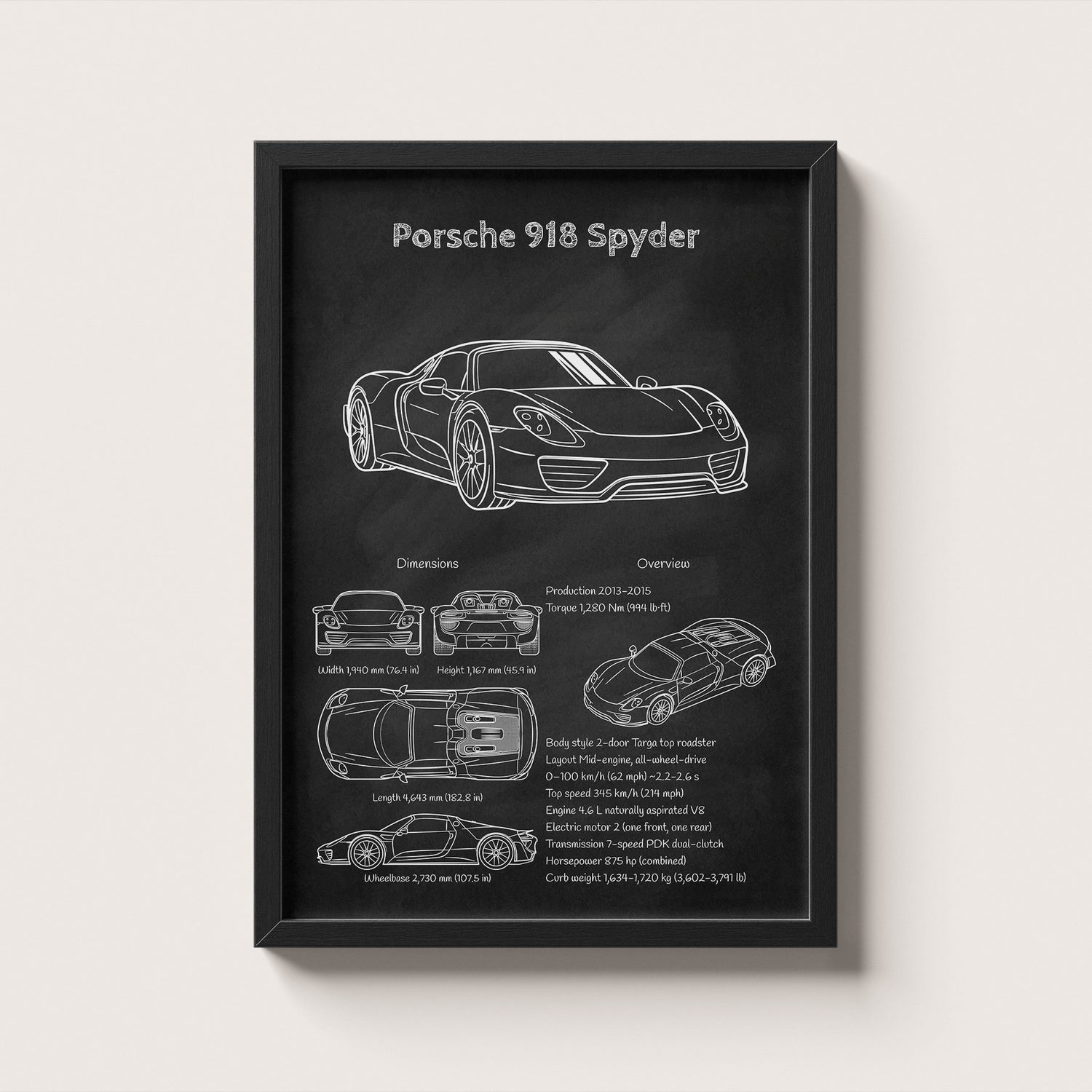 Framed poster of a Porsche 918 Spyder with technical details on a white background